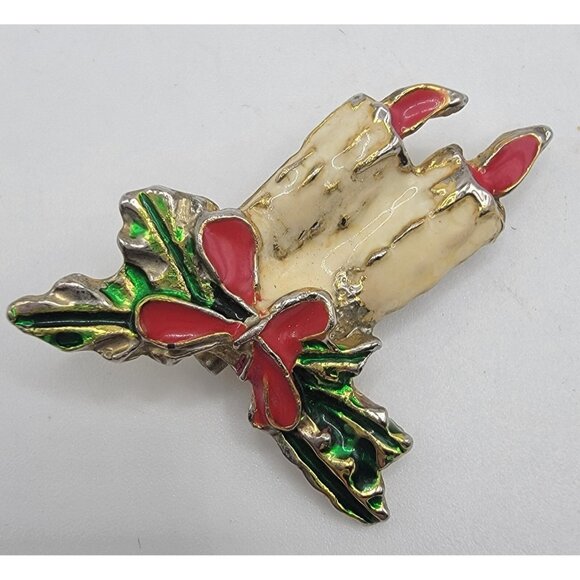 Vintage Gold Tone ENAMEL Fashion Brooch Pin Jewelry CHRISTMAS CANDLES - Picture 1 of 3